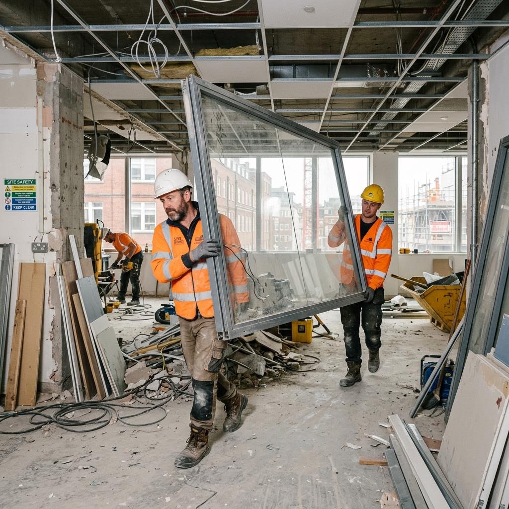 Operatives carrying demounted panels during dilapidations works in Cambridge