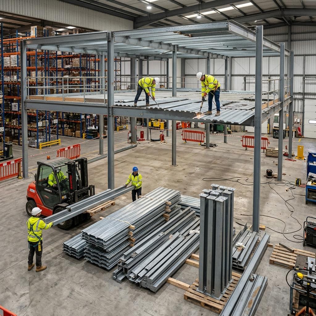 Steel decking taken down as part of a mezzanine removal