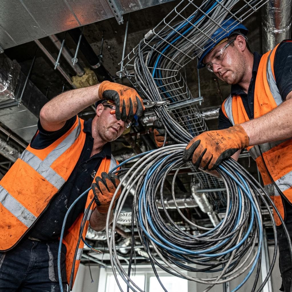 Data cabling stripped from the ceiling void during an office strip-out in Luton
