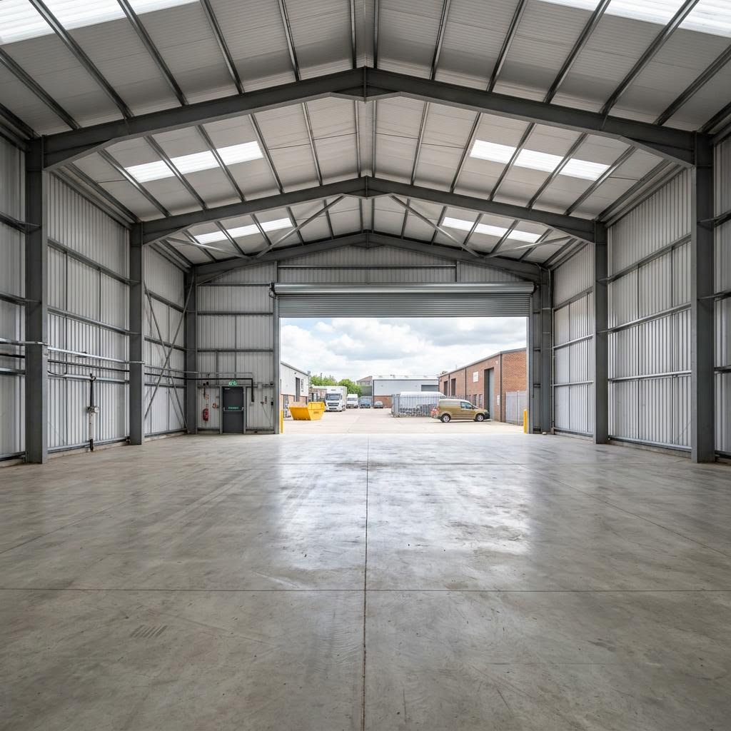 Empty industrial unit with clean slab following commercial dilapidations works